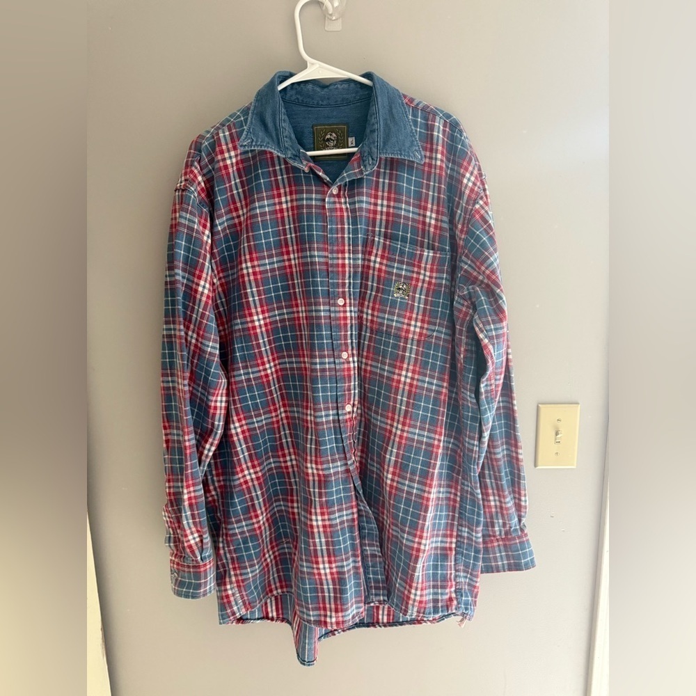 Cinch Long Sleeve Button Down Denim Collared Shirt Men’s SZ XL Red Blue Flannel